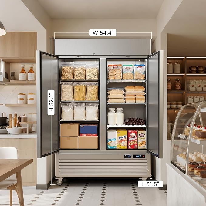 VEECOOL 54" W Commercial Reach in Freezer WiFi Enabled with Smart App Control, 49 Cu.Ft Fan Cooling Stainless Steel Solid Door Upright Freezer for Commercial Restaurant Cafe Kitchen Garage