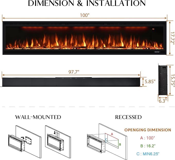 100 inch Smart Electric Fireplace, Wall Mounted Fireplace Insert for Living Room, Realistic Flame Fire w/Multicolor, Large Linear Fireplace Recessed in Wall, Black (100")