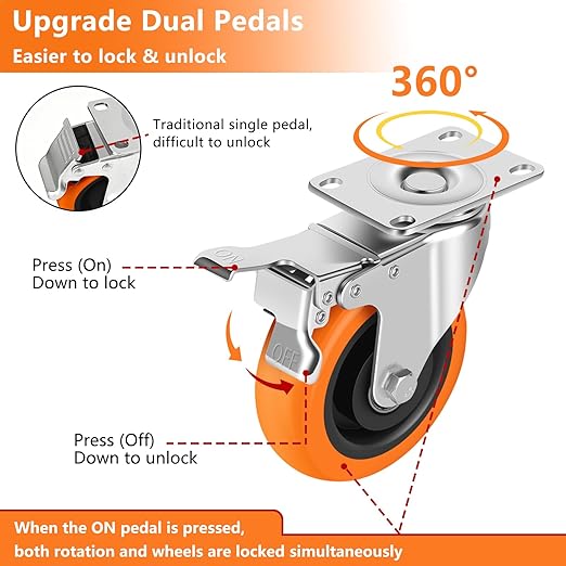 Caster Wheels, 4" Casters Set of 8 Heavy Duty - Dual Pedal Locking Casters with ON/Off Tabs (Easier to Operate), Swivel Plate Caster, No Marks Castor Wheels for Carts Furniture and Workbench