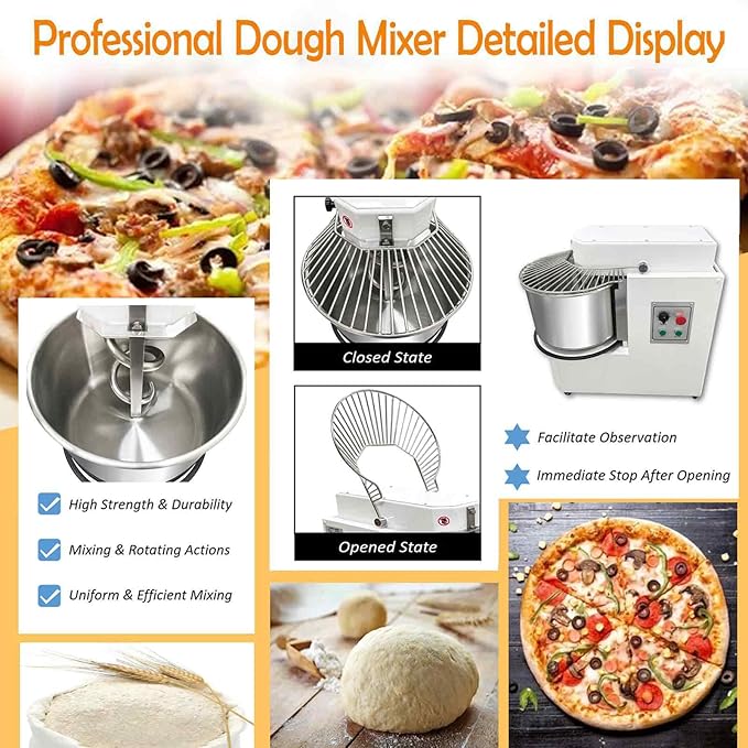 30L Commercial Dough Mixer 110V, Double-Speed Dual-Motion System (Bowl & Spiral Hook) Stainless Steel Dough Kneading Machine, Detachable Bucket, for Mixing Flour