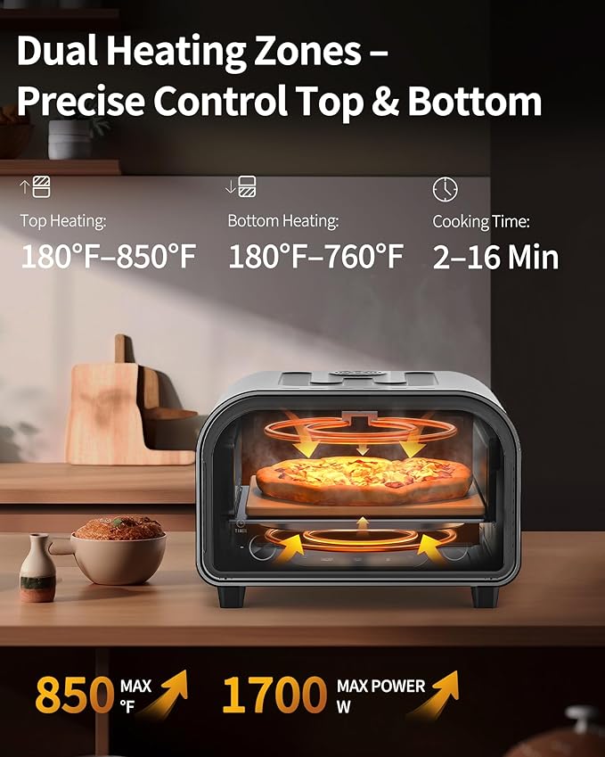 Pizza Oven Indoor, Heats up to 850°F, Makes 12” Pizzas in 90 Seconds, Electric Pizza Oven with 6 Touchscreen Presets, Countertop Pizza Ovens for Kitchen, Recipes & Pizza Stone Peel Included, Silver