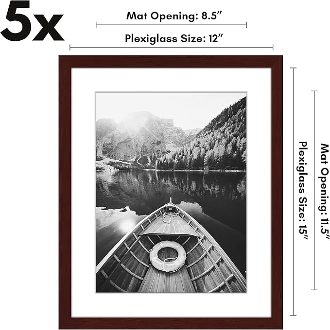 Americanflat 12x15 Picture Frame with Polished Plexiglass - Set of 5 - Use as 9x12 Frame with Mat or Display 12x15 Photo Without Mat - Galleria Collection - Picture Frames for Wall Display - Mahogany