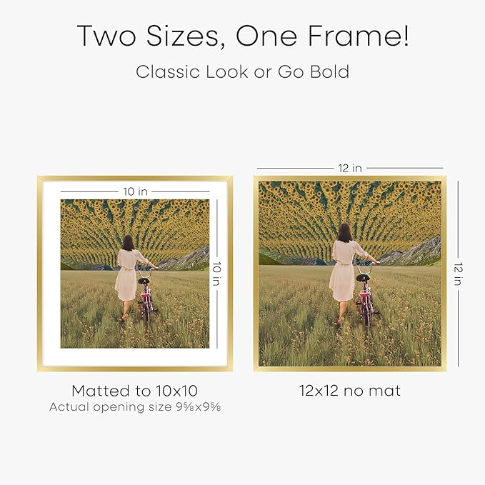 Homeforia 12x12 Picture Frame Gold, High End Metal 12 x 12 Square Poster Frame with Mat 10 x 10 Photo, 12x12 Frame Matted to 10x10 Print, 12by12 Gold Hanging Frames, Tempered Glass, Wall Kit, Set of 4