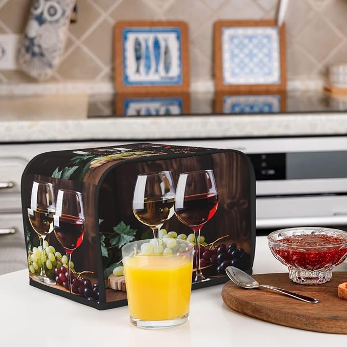 Toaster Cover 2 Slice Red Wine Glass Grapes Waterproof Appliance Cover with Hang Loop Bread Baker Toaster Cover for Kitchen