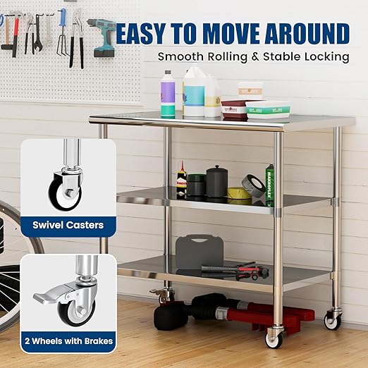 Stainless Steel Work Table with Wheels, 24x48 Inch NSF Kitchen Prep Table with 2 Adjustable Undershelves for Commercial Restaurant, Garage, Outdoor BBQ