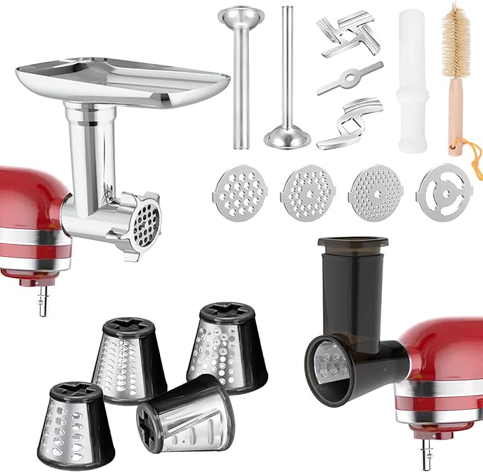 Meat Grinder & Slicer Shredder Attachments for KitchenAid Stand Mixer, Meat Grinder with 2 Size Sausage Stuffer Tubesand and 4 Types Slicer Shredder Combination Set for Mincing Meat/Chopping Food