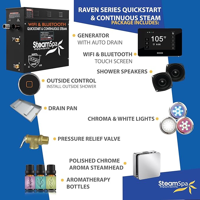 SteamSpa Steam System 9kW Steam Shower Generator with Bluetooth Wifi, Quickstart Continous Steam, Advanced Touch Pad Screen, Chroma Lights, Drain Pan and Auto Drain Chrome RVBS900CH-A