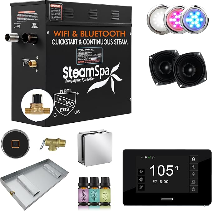 SteamSpa Steam System 7.5kW Steam Shower Generator with Bluetooth Wifi, Quickstart Continous Steam, Advanced Touch Pad Screen, Chroma Lights, Drain Pan and Auto Drain Chrome RVBS750CH-A