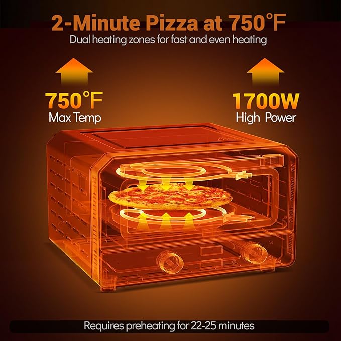 COSTWAY 1700W Electric Pizza Oven Indoor, 6 Presets & 2-Min Rapid Baking Heats up to 750℉, Countertop Pizza Oven for 12” Pizzas with Pizza Stone & Cutter Wheel for Home Kitchen