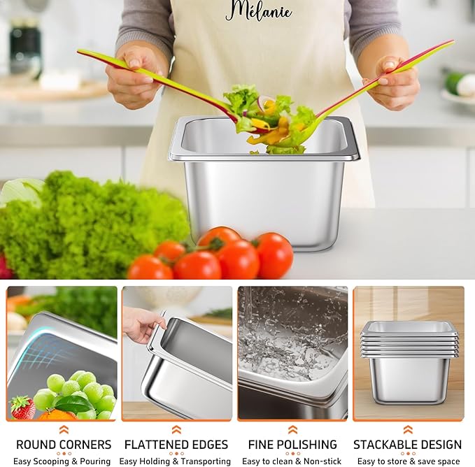6 Pack Hotel Pans, 1/6 Size 4 Inch Deep Steam Table Pan, Stainless Steel Commercial Food Pan Anti Jam Steam Pan, Breading Trays for Hotel, Party, Buffet, Catering Supplies