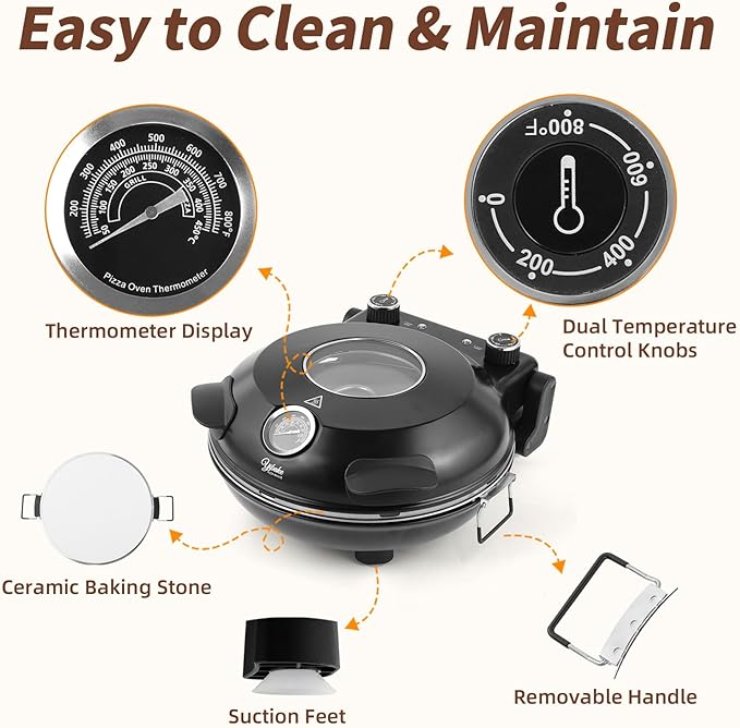 12" Electric Pizza Oven - Countertop Pizza Maker with Ceramic Stone, Heats up to 800°F, Portable Indoor Pizza Oven for Homemade Pizzas, Black
