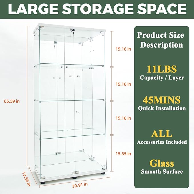 Glass Display Cabinet with LED Light Strip & Mirror Back Panel, 4 Shelves with 2 Doors, Curio Storage Cabinets with Lock for Living Room, Office, Floor Standing Glass Bookshelf - White