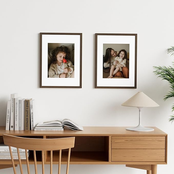 Vittanly 12x16 Picture Frame Set of 2, Solid Wood Frame for Wall Art Photo and Prints, Display Photo 8.5x11 with Mat or 12x16 without Mat, Brown