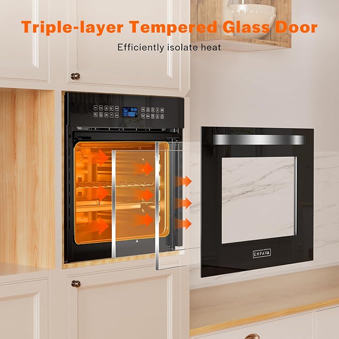 Empava Built-In Electric Single Wall Oven 24 inch with Convection and Rotisserie 10 Cooking Modes, Screen Touch Control, Black