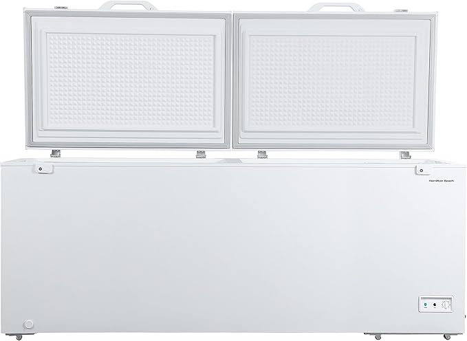 Hamilton Beach 25 Cu. Ft. Garage Ready Chest Freezer, White Deep Freezer, Adjustable Thermostat, Easy Defrost Drain, Double Door Lid, for Storage, Hunting, Large Family - 29"D x 79"W x 38"H