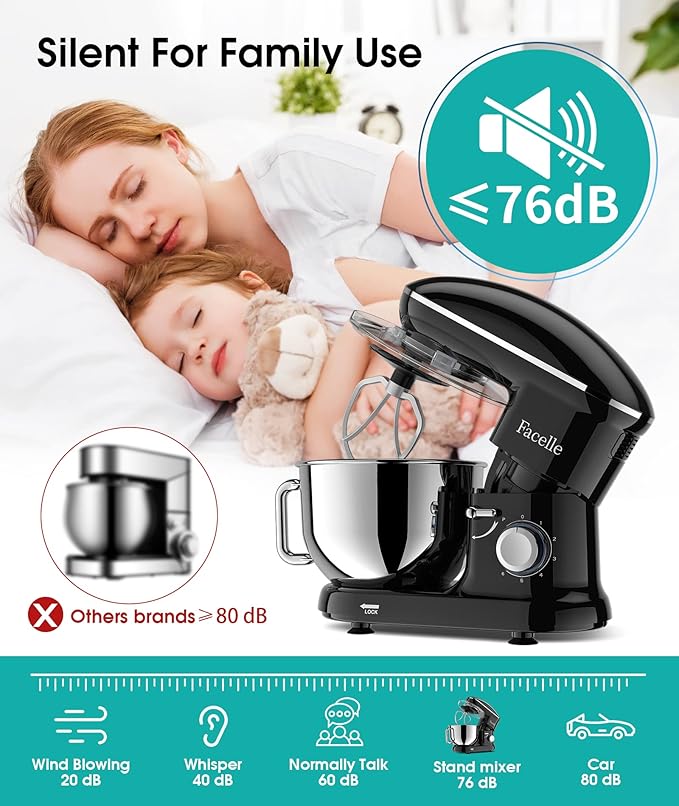 Facelle Stand Mixer, Electric Kitchen Mixer, 660W 6 Speed Tilt-Head stand mixer with Pulse, Attachments include 6.5QT Bowl, Dishwasher Safe Beater,Dough Hook,Whisk for Dough,Baking,Cakes,Cookie-Black
