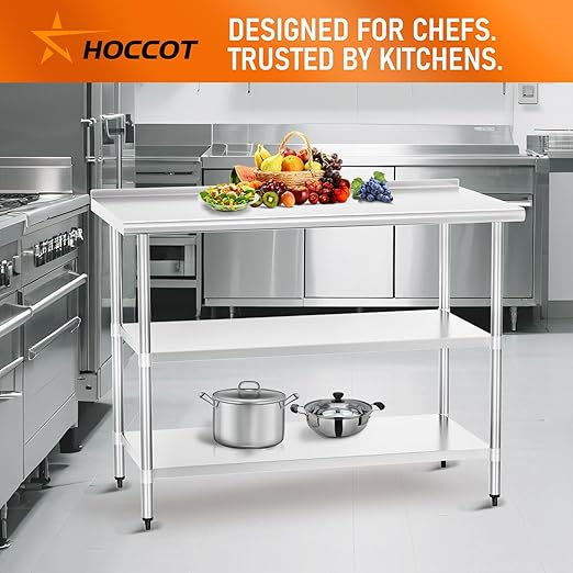 Stainless Steel Table 24" x 60" with 2 Adjustable Undershelves and Backsplash, Commercial Metal Workstations for Kitchen, Garage, Outdoor BBQ