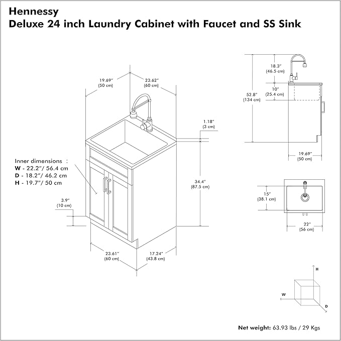 SIMPLIHOME Hennessy All-in-One 24 inch Wide Utility Sink and Laundry Cabinet in Glacier White Finish, Transitional Stainless Steel Sink Cabinet for Laundry Rooms with High-Arch Chrome Faucet