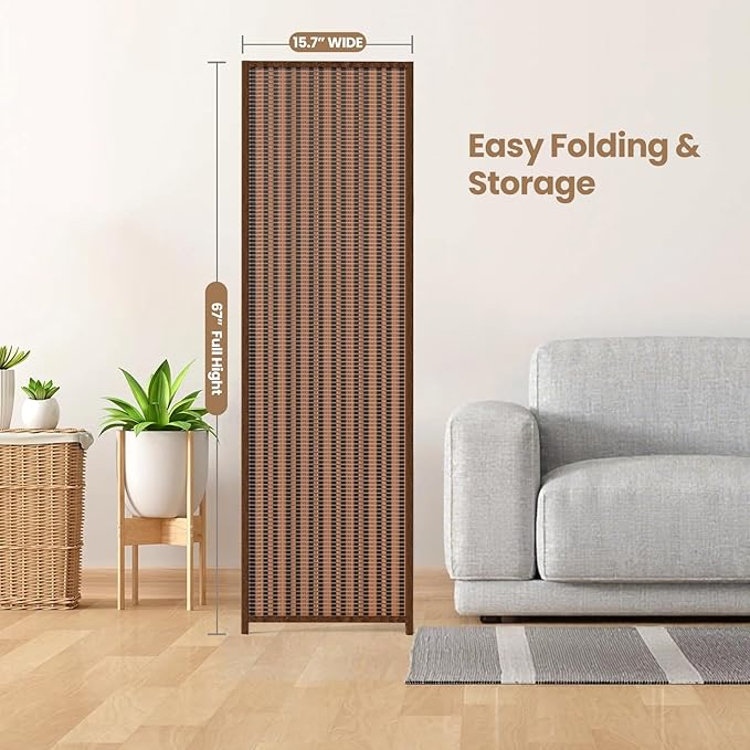 4 Panel Room Divider and Extra Wide Folding Privacy Screen, 63" W x 67" H, Bamboo Room Divider for Room Separation.