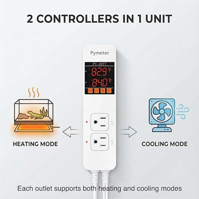 2 in 1 Digital Temperature Controller Dual Outlet Heat Mat Thermostat Reptile Greenhouse Heater Home Brewing Freezer Cooling Heating Pad Control 16A 1920W