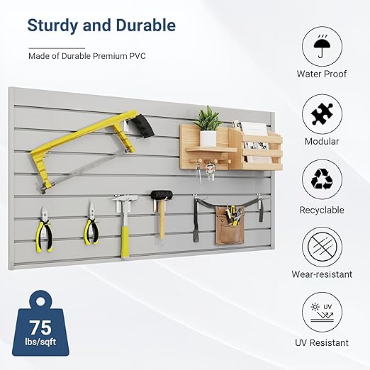 Slatwall Panel 4 FT x 2 FT, Interlocking Slat Wall Paneling, Wall Mounted PVC Wallpanel, Suitable for Garage Storage and Organizer, Slatwall Board, Shelves - Grey