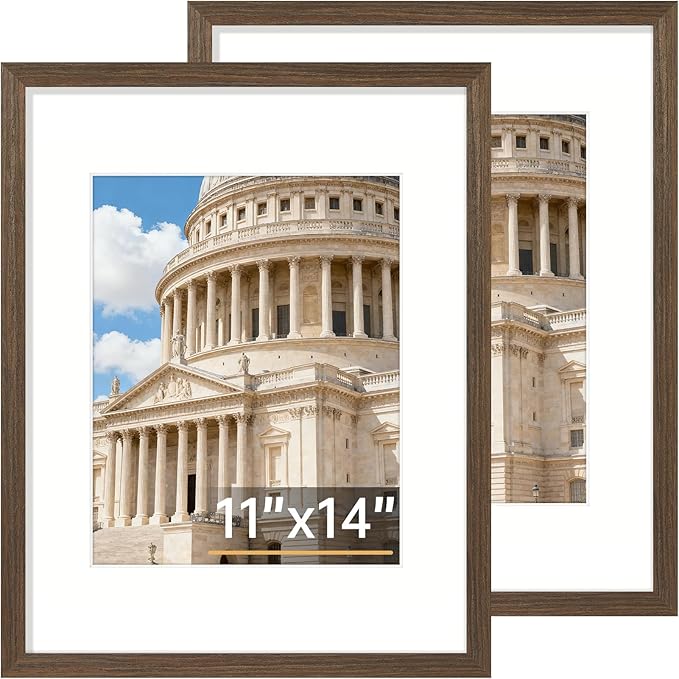 Vittanly 11x14 Picture Frame Set of 2, Solid Wood Frame for Wall Art Photo and Prints, Display Photo 8x10 with Mat or 11x14 without Mat, Brown