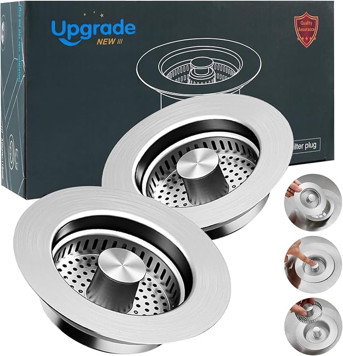 Sink Drain Strainer,Stainless Steel 3-in-1 Pop-up Sink Stopper with Sealing Ring, Anti-Clog & Odor-Proof Drain Filter, Fits 3-1/2 Inch Sink Drain Holes, Easy Installation-2pc