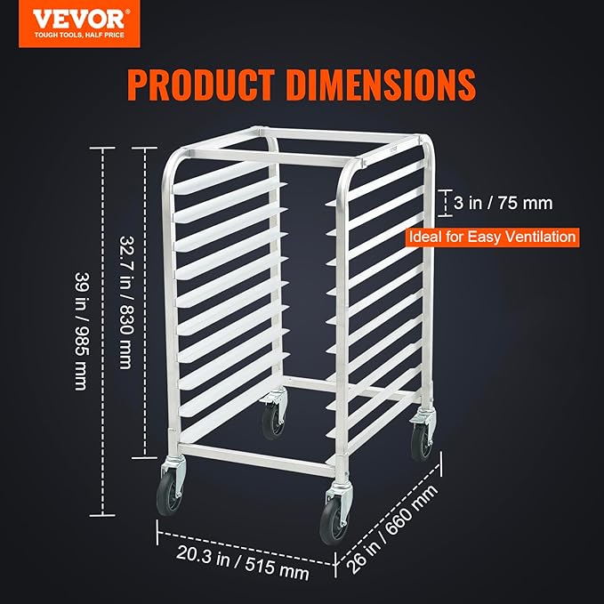 VEVOR 10-Tier Bun Pan Rack, Aluminum Racking Trolley Storage with Brake Wheels, Commercial Bakery Racks for Half & Full Sheet, Speed Rack For Kitchen Home, Bread Baking Equipment, 26"L x 20.3"W x 39"H