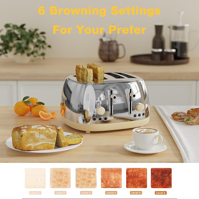 Toaster 4 Slice,Retro Stainless Steel Toaster with Extra Wide Slots, Dual Independent Control Panel, Cancel, Bagel, Defrost Function, Removable Crumb Tray (Silver)