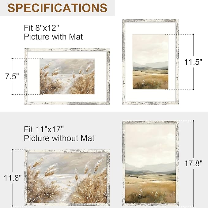 Vittanly 11x17 Picture Frame Set of 2, Solid Wood Frame for Wall Art Photo and Prints, Display Photo 8x12 with Mat or 11x17 without Mat, Distressed White