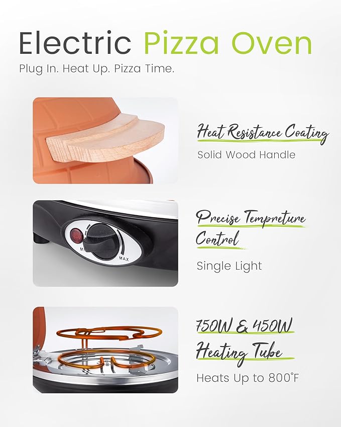 Electric Pizza Oven - 12-Inch Indoor Pizza Ovens Countertop - 1200W Pizza Maker Heats up to 800˚F by Ceramic Stone, Temperature Control, Viewing Window, PM-05