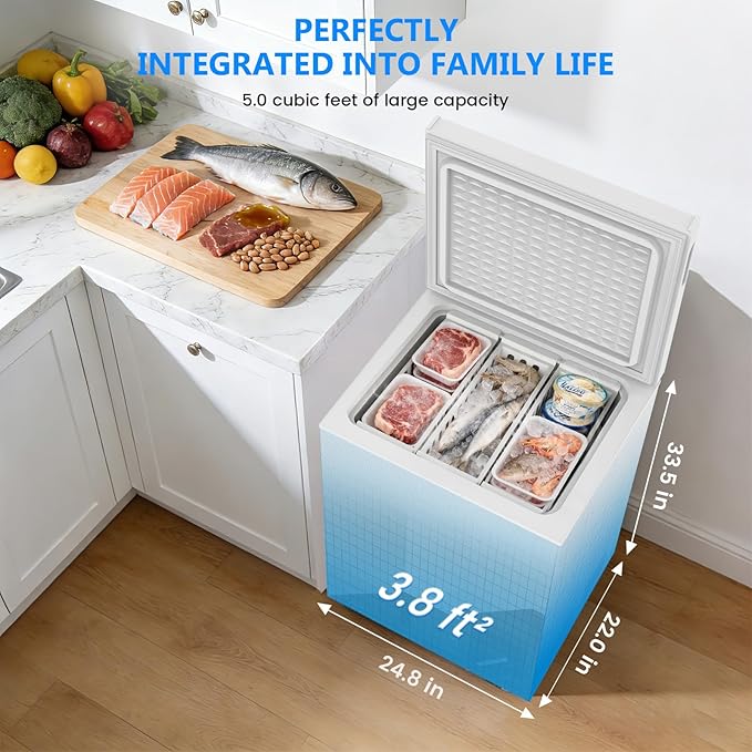 Cowsar 5.0 Cu.Ft Deep Freezer with 3 Basket, Quiet Chest Freezer Adjustable 7 Thermostat, Compact Freezer Free-Standing Top Door, Energy Saving for Apartment/Garage/Basement/Dorm/Home,White