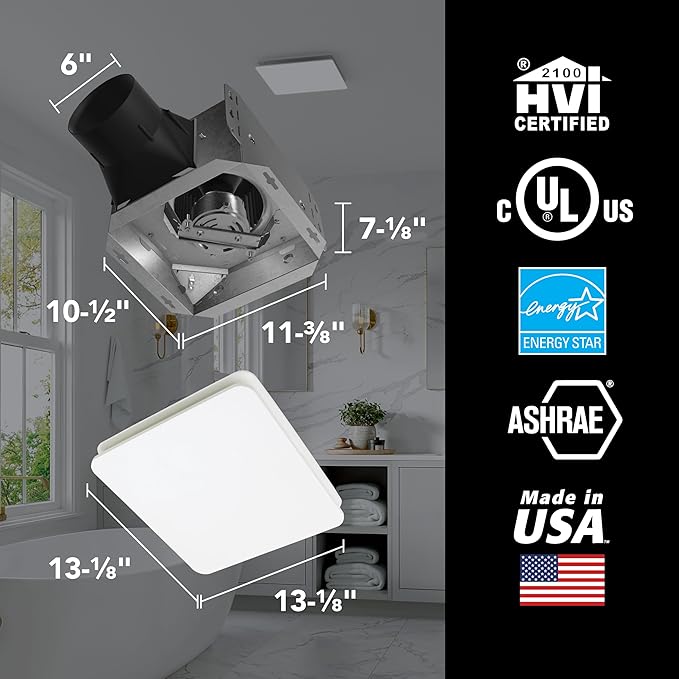 EVOLVE Premium Bathroom Exhaust Fan w/Light and Continuous Run, 50-80-110 Selectable CFM