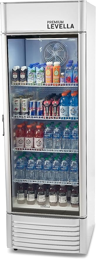PremiumLevella PRF155DX Glass Door Display Refrigerator 15.5 cu ft Commercial Beverage Cooler Merchandiser With Customizable Lightbox - Silver