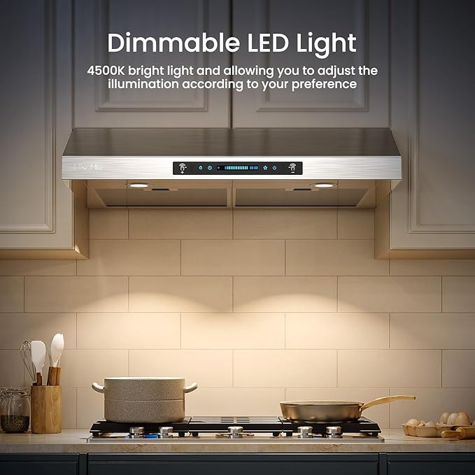 HisoHu 30 Inch Under Ducted Cabinet Range Hood with 1200 CFM, 4 Speed Gesture Sensing Kitchen Exhaust Hood & Touch Control Panel, Stainless Steel Stove Vent Hood with 2 LED Lights