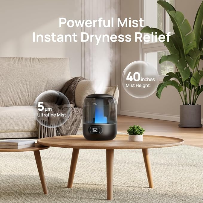 DREO Humidifiers for Bedroom, 3L Top Fill 30H & 26dB Quiet Runtime for Large Room, Cool Mist Ultrasonic Humidifier with Humidity Sensor, Night Light for Home, Baby, Nursery, Plants, 360° Nozzle, Black