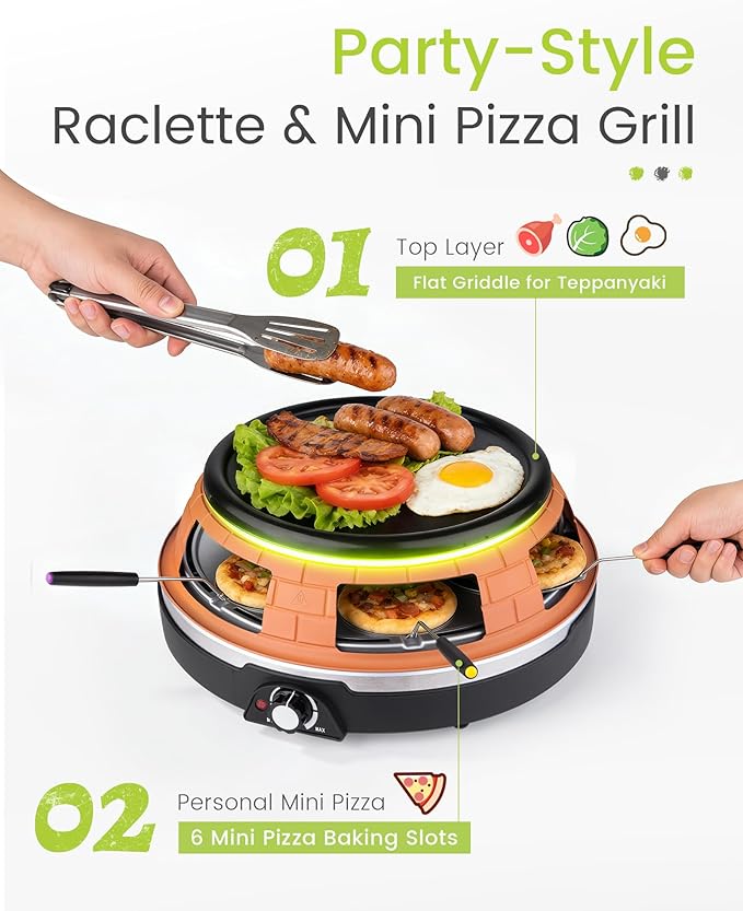 Multifunction Raclette Grill & Mini Pizza Oven, 1200W Electric Pizza Oven with Flat Griddle Top, Indoor Grill with 6 Mini Pizza Baking Slots, Temperature Control, Personal Pizza Maker, PM-01
