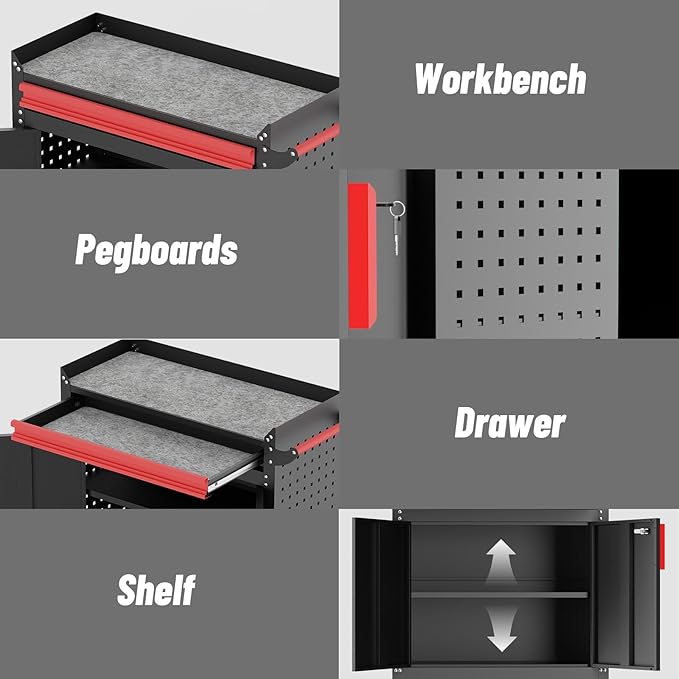 Rolling Garage Cabinets, Garage Storage Cabinet with Wheels and Workbench, Metal Cabinet with Doors and Shelf, Lockable Metal Storage Cabinets, for Home,Garages, Repair Stores, Warehouses