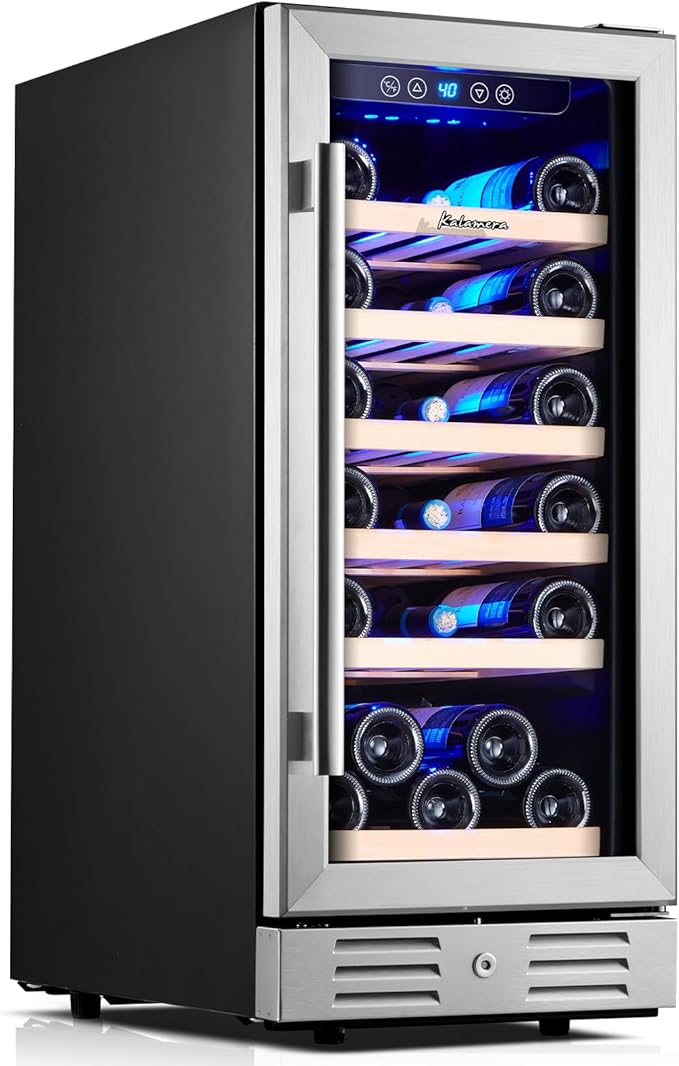 Kalamera 15 Inch Wine Cooler Refrigerator - 30 Bottle Under Counter Mini Fridge with Double-Layer Tempered Glass Door and Temperature Memory Function Built-in or Freestanding