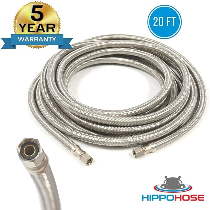 Refrigerator Icemaker Hose (20 FT) - Universal Fit to ALL Refrigerator Brands - Icemaker Water Supply Line - ¼” x ¼” Connections - SS Refrigerator Supply Hose for Ice & Water