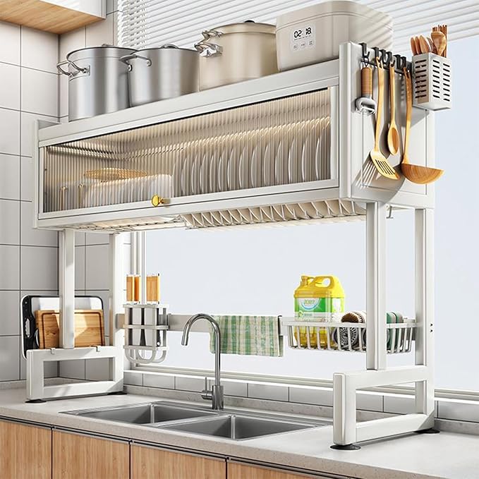 Milkshake White 3 Tier Over Sink Dish Rack Drainer with Cover - Space-Saving Organized Drying Rack for Dishes, Glasses, Bowls, Cutlery
