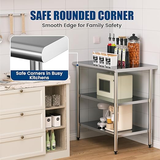 Stainless Steel Work Table 24 x 36 Inch with 2 Adjustable Undershelves, Heavy-Duty Metal Prep Table for Commercial Kitchen & Restaurant, Garage, Outdoor