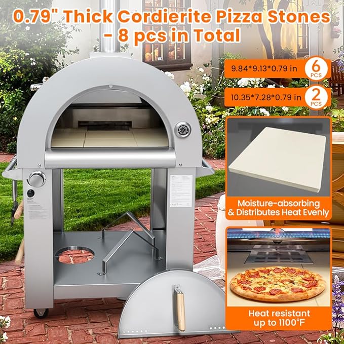 32.5" Dual Fuel Pizza Oven - Wood Fired or Propane Gas Fueled, Large Outdoor Oven with 4 Casters, 8 pcs Pizza Stones for BBQ, Grilling, 430 Stainless Steel Pizza Oven for Backyard, Camping and Party