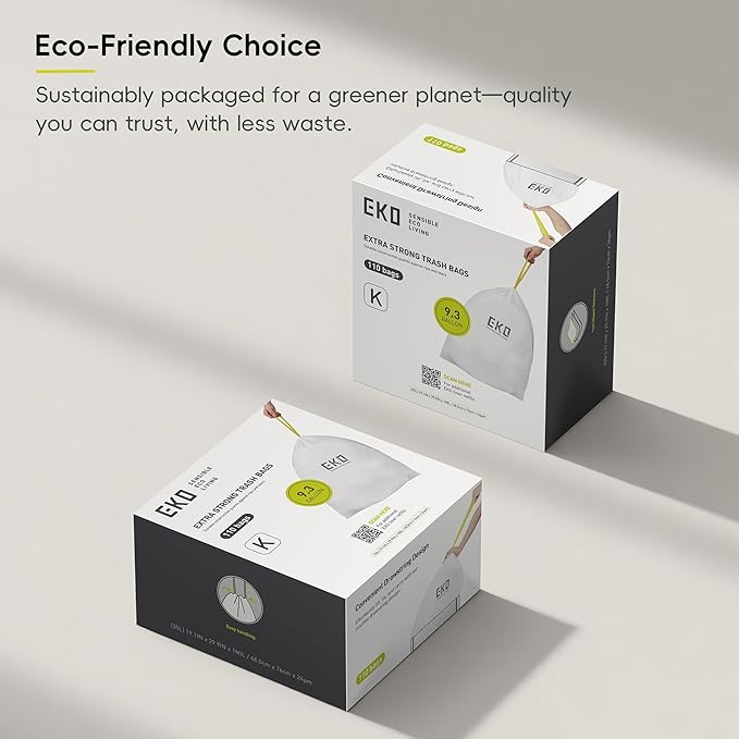 EKO 9.3 Gallon / 30–35 Liter Drawstring Trash Bags, 110 Count Heavy-Duty Tall Kitchen Garbage Can Liners, Extra-Strong Leak-Resistant, Unscented, White, Code K