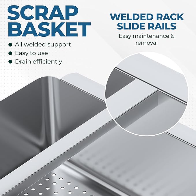 Pre-Rinse Basket with Stainless Steel Slides | Premium Quality Stainless Steel Scrap Basket for Commercial Sinks (23-1/2” x 23-1/2” x 4”)