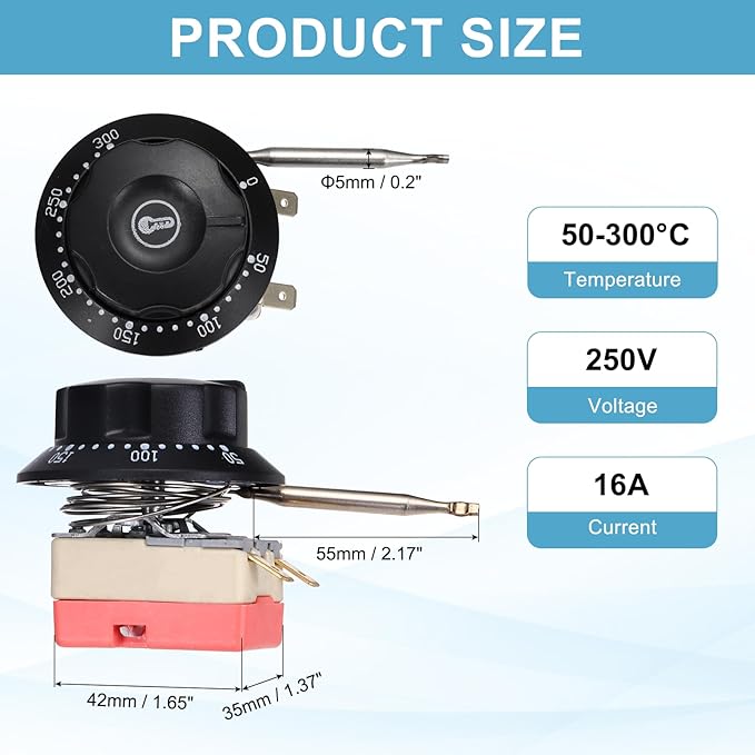 MECCANIXITY 2pcs Temperature Control Switch 250V, 16A 50-300°C Capillary Thermostat Temperature Control Switch for Oven Fryers Refrigerator Heaters