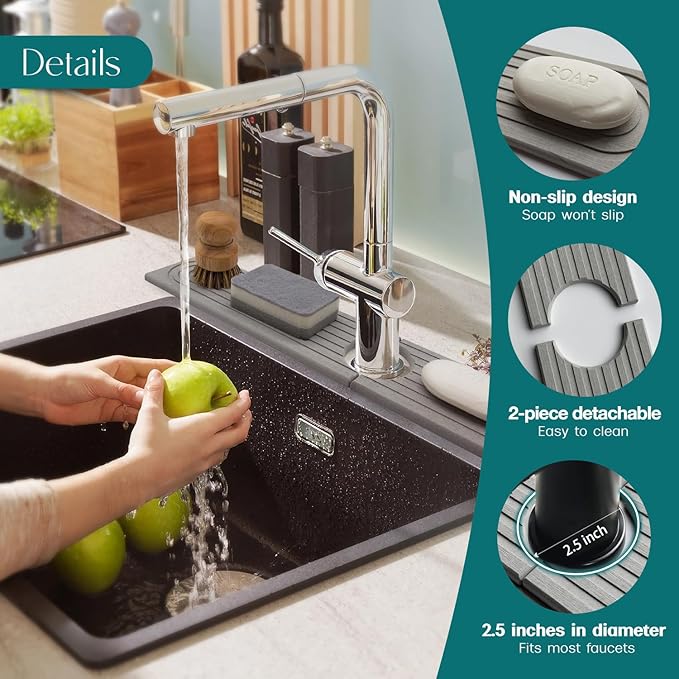 Kitchen Sink Faucet Mat - 15.7in Diatomite Sink Protectors for Kitchen Sink, Stone Sink Splash Guard for Kitchen Counter Sink Accessories (Grey, 15.7'' x 3.9'')