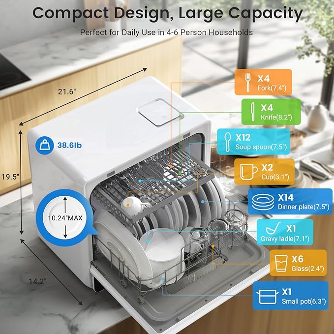 BLITZHOME WiFi Countertop Portable Mini Dishwasher, Smart 9 Programs,167℉ High-Temp, Hot Air Drying, Air Refresh, 360° 3 Spray, 24H Timing, LED Light, 5.2L Built-in Water Tank for Apartments RVs