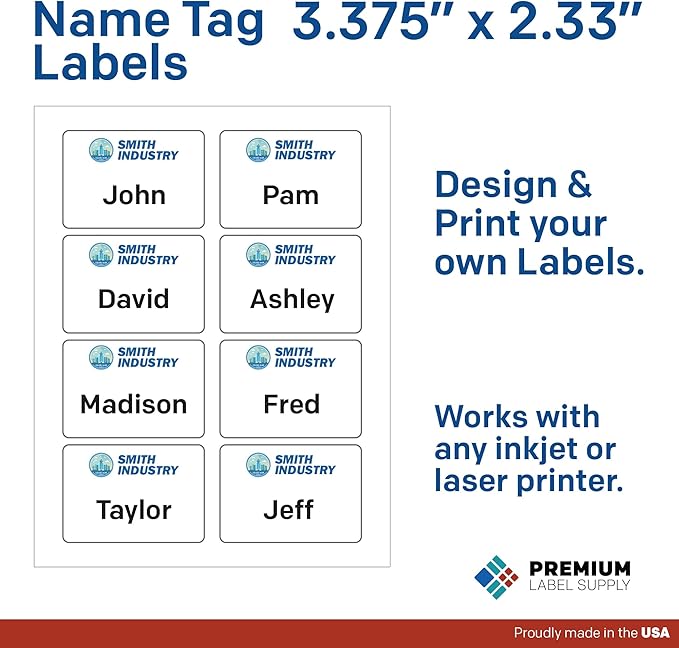 Premium Label Supply Blank Printable Name Tag Stickers - 2-1/3" x 3-3/8" - Laser/Inkjet Compatible – (8 per Sheet) 100 Sheets – 800 Total Adhesive Name Tags