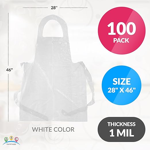 ABC PACK & SUPPLY White Plastic Disposable Aprons Adults for Painting, 28 x 46 Inches. Pack of 100 Disposable Plastic Aprons, 1 Mil. Unisex Waterproof Polyethylene Painting Apron for Food Industry
